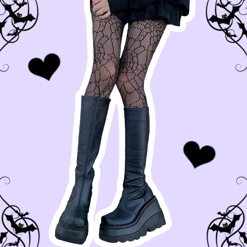 Jane Dreams Pastel Goth Black Matte Mid-Calf Wedges Vegan Platform Boots